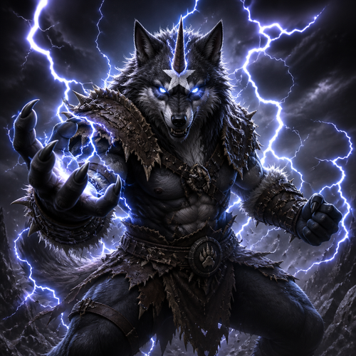 A male anthropomorphic wolf with fur in the shape of a star colored white on his forehead and a horn growing out of the middle of his forehead. He is wearing hide armor and has lightning surrounding him. Is in an intimidating fighting pose.
