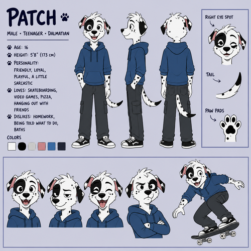 A male teenage anthropomorphic Dalmatian named Patch who has a spot over his right eye, reference sheet, animated version 