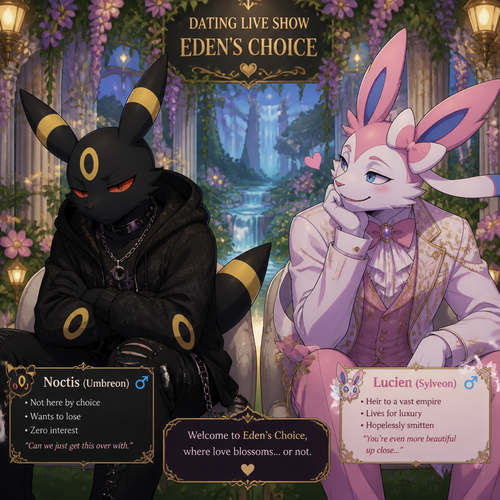In a dating live show at the garden of Eden (a well-made animated version) a grown non-rich anthro Umbreon male that wears a gothic hoodie that is unhappy and doesn’t want to be there and wanted to lose and Don’t like this super rich grown anthro Sylveon male that wears some elegant clothes who likes him. In a well-made anthropomorphic Pokemon universe.