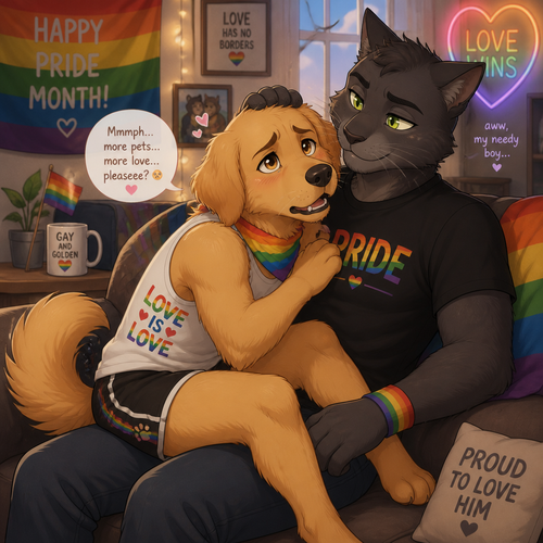 In a anthro universe, A homosexual male golden retriever with floppy ears, sits on a male cat’s leg, giving a needy whining look for wants some attention, and wants some more loving. Today’s pride month. Animated version.