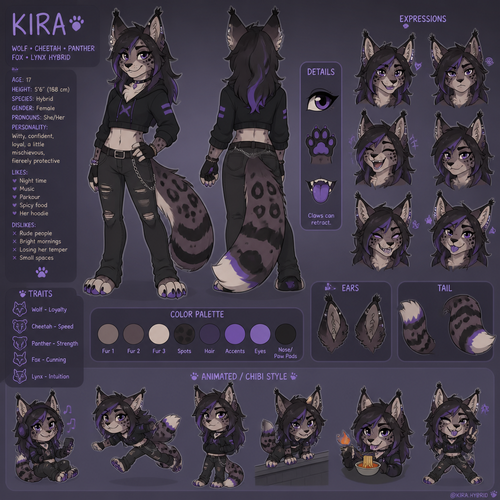 A female teenage anthropomorphic wolf cheetah panther fox and lynx hybrid, reference sheet, animated version 