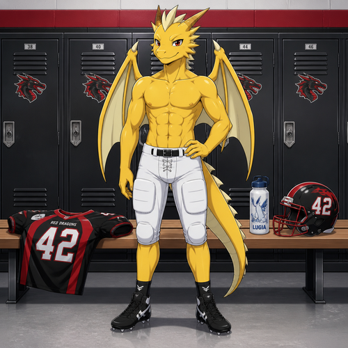 A young high school aged yellow male dragon wearing white football pants, black football shoes standing in the locker room. We can see 6 pack of abs. On a bench between the football lockers lies a a red and black football jersey, a Lugia themed water bottle, and a red and black helmet with the number 42 on the sides. Anime style, front view, full body.