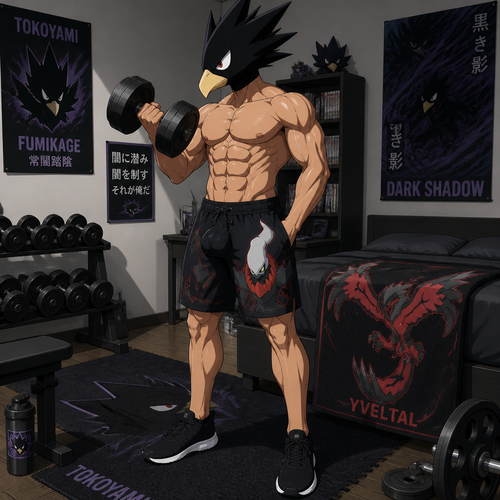 Tokoyami Fumikage wearing Darkrai themed shorts with a big bulge, shirtless showing off 16 pack of abs, and black tennis shoes. He is in his bedroom lifting weights. On his bed is a Yveltal towel. Anime style, solo, full body.