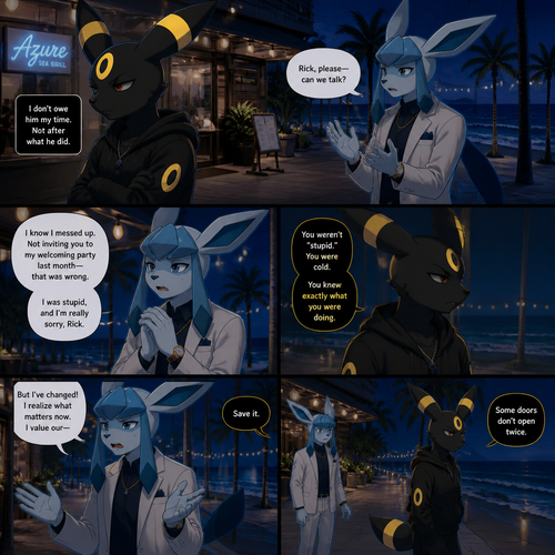 In a anthropomorphic universe, Rick (the non-rich Umbreon male) is ignoring and refuses to look at the Barron (a wealthy male Glaceon) who is trying to apologize for how sorry for not accepted to his welcoming party last month but Rick won’t buy it. A well-made animated version. A modern life. Outside of a restaurant at the beach at night. Comic. 