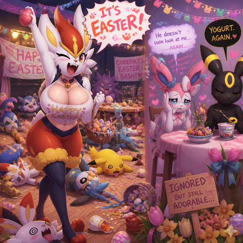 A busty well-made fluffy female Pokemon character, Cinderace. Who celebrates on today’s Easter Day and shouts its Easter! And wrecking up a place like a party girl while others are knocked out on a floor by her. A cute but creepy male Sylveon just as sad and irritating about being ignored by a male Umbreon while eating a healthy yogurt ignoring. A anthropomorphic animated verse. Spring.