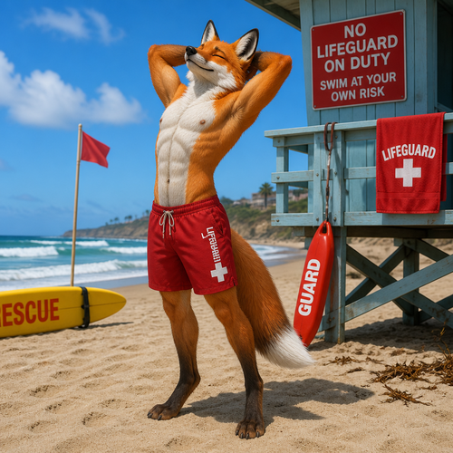 A male fox stretching from a hard days work. He is a lifeguard at a beach. No shirt. Full body.