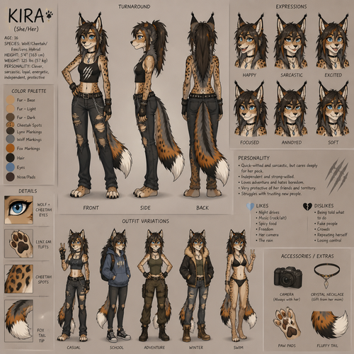 A female teenage anthropomorphic wolf cheetah fox and lynx hybrid, reference sheet, animated version 