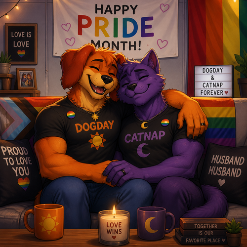 A anthropomorphic smiling critters verse. Both anthro DogDay and Catnap are both boyfriends living together and married. Sits together on a sofa. Today’s pride month. Both grownups. Animated art version.