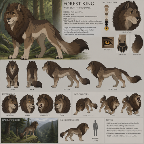 A male quadruped wolf lion hybrid that lives in the forest, reference sheet, animated version 