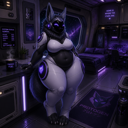 A well-made adult female Protogen that has thick thighs, wide hips, and has a thick body in a space ship where she lives alone in space.