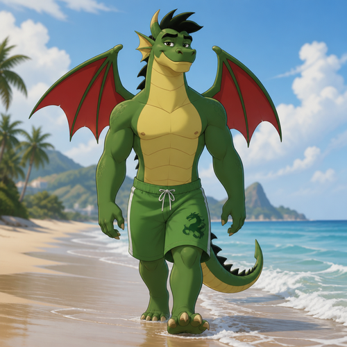 Jake Long in dragon form wearing green swim trunks. Walking down a beach towards the camera with the sea getting close to his feet.