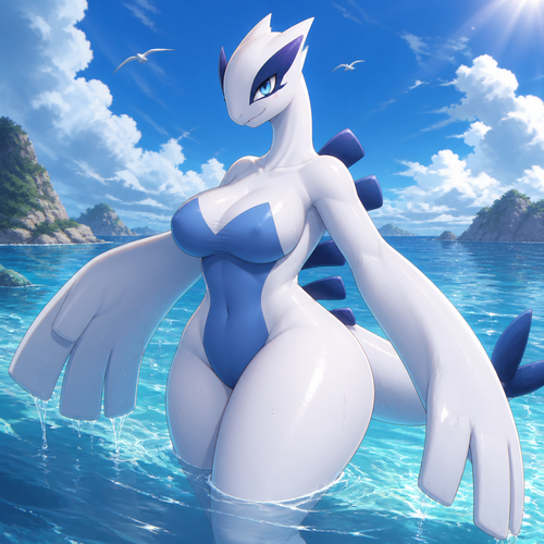 A well-made adult anthro Pokemon character, a female Lugia. Wonder around in the ocean. Has thick thighs and eyeliner. Enjoy the day.