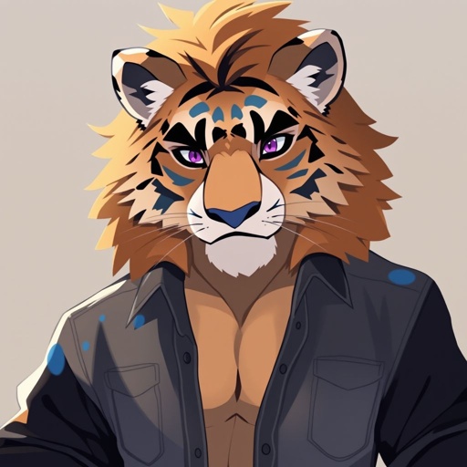 Male White anthro lion tiger, slightly heavier set, blue accents, purple eyes, wearing jeans, wearing open black dress shirt, soft face