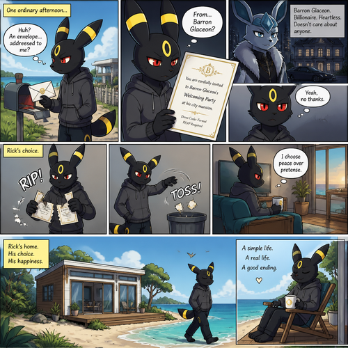 A non-rich grown Umbreon male (named Rick) got the envelope of a billionaire Glaceon’s (the heartless Barron) welcoming party at the city mansion from a mail. Decided to rip and toss the pieces of the envelope at the trash can and stay at home. Chooses a home. Lives on a small modern house at the beach. Well-made animated version. A good ending. A anthropomorphic verse. Side/front view. A comic.