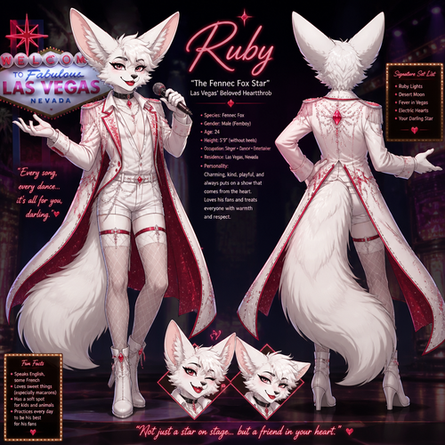 A well-made white furred fennec Fox male named Ruby, wears something attractive for entertainment for a show by self to dance/sing. Wears eyeliner and lipstick. Has a bushy tail. A grown femboy anthro. A star in Las Vegas. Well groomed. Front/back view. Animated verse. Has good personality.