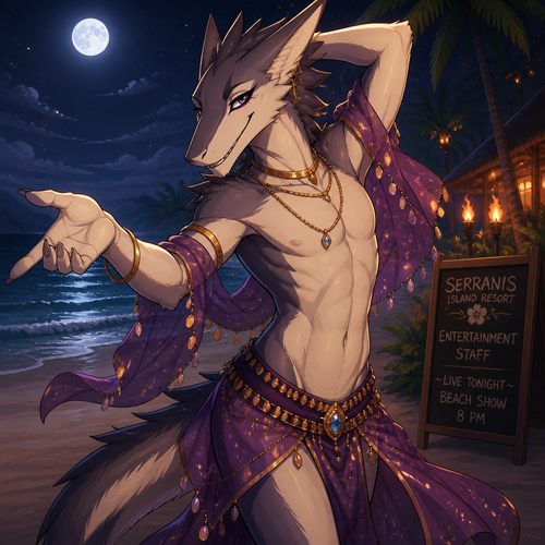 A homosexual adult male Sergal, doing a belly dancer, has good hips and a pretty smile, wears eyeliner, at the beach at night, and works at a resort on the island. Giving a flirting look. In an animated verse.