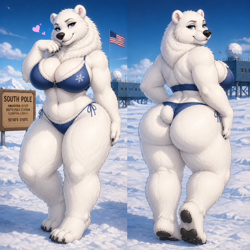 A busty well-made lovely anthro female polar bear that has thick thighs and thick fur who lives in a South Pole. Gives a flirty pose. Front/back view. Animated verse.