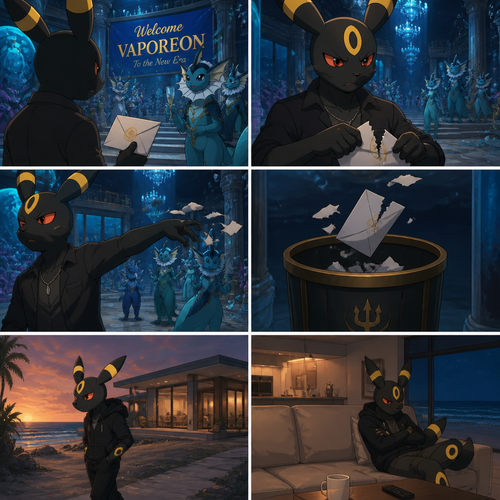 A non-rich grown Umbreon male reject and ripped the envelope and toss it to a trash can of a billionaire Vaporeon’s welcoming party at the underwater city mansion. Lives on a small modern house at the beach. Well-made animated version. 