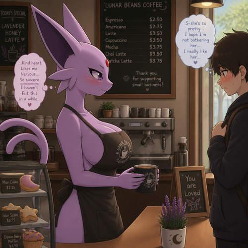 A well-made busty female Espeon that wears an apron who works at the coffee place who finally finds a nice shy person who likes her nervously while she’s been in a bad mood long enough of reading minds silently. In an animated verse. Side view. 