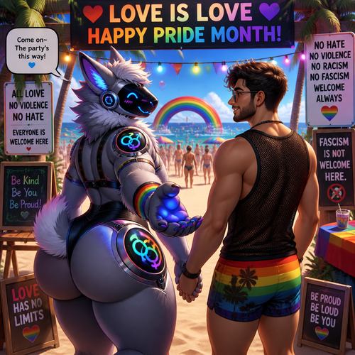A well-made homosexual fluffy gay Protogen adult male character that wears a swimsuit and has thick thighs and a big round buttocks also has a short tail who’s invited a man into a party at the beach and has both nice views where love is love in pride month and there’s no hate and violence including racism allowed and fascism is not welcomed.