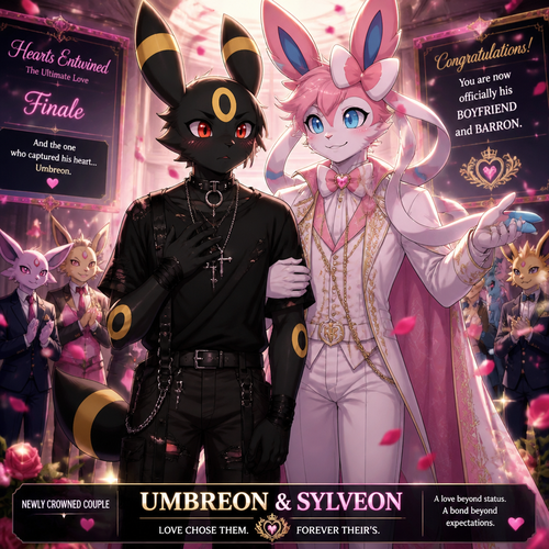 In a dating reality show (a well-made animated version) a non-rich half gothic grown Umbreon male is surprisingly unbelievably been accepted to become a boyfriend to this super rich grown Sylveon male as a Barron for not understanding why. In an anthropomorphic universe. Never asks but been gifted. A good ending. Front view. A modern present day.