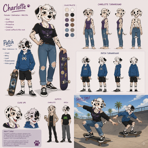 A beautiful female anthropomorphic Dalmatian named Charlotte in her mid thirties with no piercings skateboarding with her teenage son Patch who has a patch of black fur over his right eye, reference sheet, animated style 