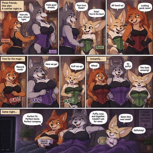A multi party comic about a female anthropomorphic named Ember, a female anthropomorphic wolf named Juno, and a female anthropomorphic fennec named Radar. First they help each other put on a corsets, after that they pull ripcords on the corsets that make them really puffy on the outside, it ends with them on the couch watching a movie, animated style