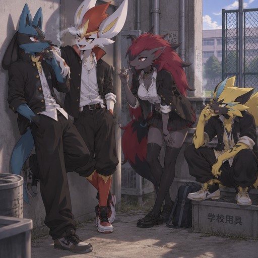 A high school aged male Lucario wearing delinquent outfit. He is behind the high school, smoking a cigarette with his friends: a male Cinderace who is also his boyfriend, a female Zoroark, and a male Zeraora. Anime art style, full body.