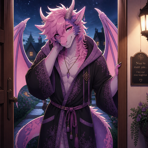 A friendly shy immortal alike femboy grown male character (well-made) anthro lung Dragon with pink & purple fur and a pretty one that wears a robe with a hoodie who came to say hi as a friendly neighbor.
