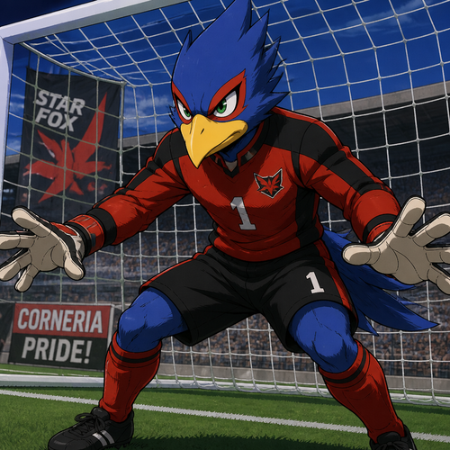 Falco Lombardi wearing red and black soccer uniform. He is a goalie in front of the soccer net. Anime style drawing.