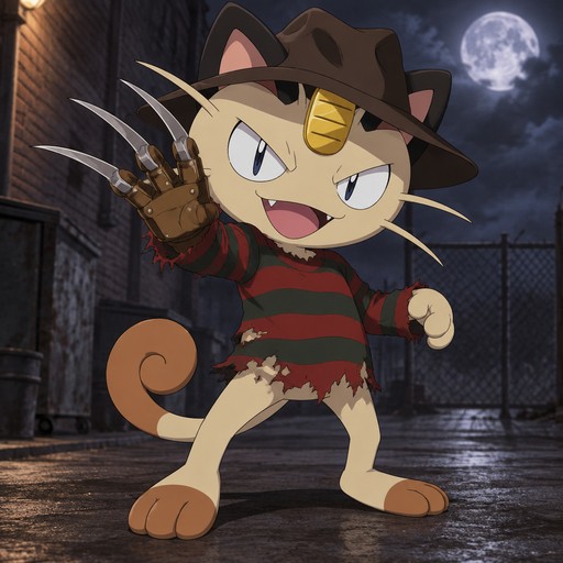 Meowth dressed up as Freddie Kruger. Anime art style, solo, full body.