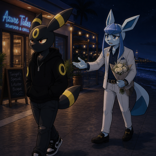 In a anthropomorphic universe, Rick (the non-rich Umbreon male) is ignoring and refuses to look at the Barron (a wealthy male Glaceon) who is trying to apologize for how sorry but Rick won’t buy it. A well-made animated version. A modern life. Outside of a restaurant at the beach at night.