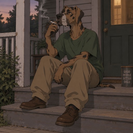 A high school aged male Great Dane with brown fur and black spots wearing a loose green t-shirt, brown baggy khaki pants, and brown leather shoes. Sitting on the porch smoking a cigarette. Anime art style, solo, full body.