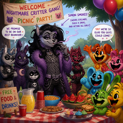 Simon Smokes (a well-made anthropomorphic male character), the nightmare critter gang who’s promise to be on best behavior and got invited by a smiling critters picnic party for free food & drinks. Wears eyeliner, such a drag, and acting all girly.