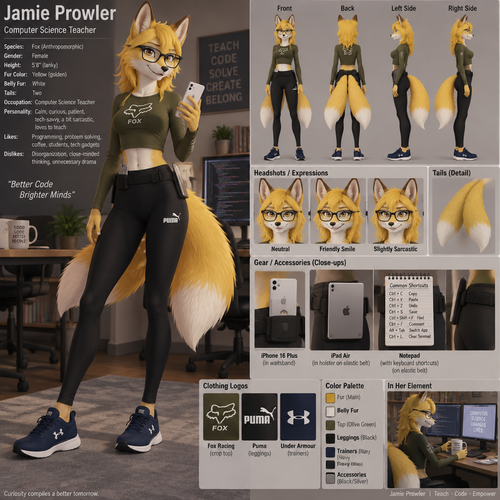 A lanky female anthropomorphic fox named Jamie Prowler that has two tails and yellow fur, white belly, wears glasses, wearing a olive green long sleeve fox racing crop top and a pair of black Puma leggings, keeps her phone (iPhone 16 Plus) in the waistband of her leggings, keeps her tablet (silver iPad Air) in a holster on a elastic belt, has a small notepad with keyboard shortcuts on it she keeps on her elastic belt, wears navy blue under armor trainers, is a computer science teacher, is in a room alone, reference sheet, one big picture