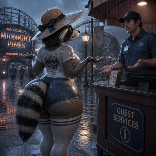 A well-made adult matured anthro female Raccoon character that wears a sun hat and a T-shirt who lost her key card unhappily annoyed. Has thigh highs and boobs. On a rainy day at the themed park. Well-animated version. All wet. Back-shot view. Asking like begging a man for some assistance.