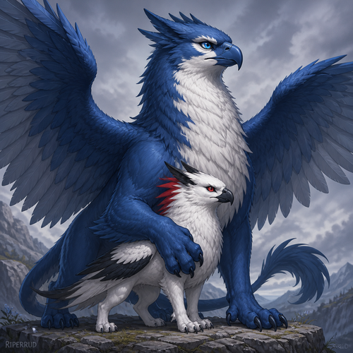 Two griffins, a female and a male. The male is blue with a white belly and throat; his beak and paws are dark blue, and his eyes are bright blue, with a white patch around them. The female is half his size; she is white with the coloration of a black-winged kite, and her eyes are bright red with no visible whites. She has sharp black ears and a red crest on the back of her neck. She stands beneath his chest with her body under his belly; her head is pressed against his chest as she looks off to the side. The male griffin gently embraces her with one paw, yet his expression is stern as he gazes outward, guarding her. Art style: RIPERRUD.