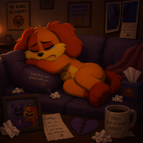 In a smiling critters universe, anthropomorphic and animated versions. DogDay laying on a couch in his house, crying in his eyes closed, heartbroken by broken up with his ex friend (Catnap) and failed as a friend/boyfriend.