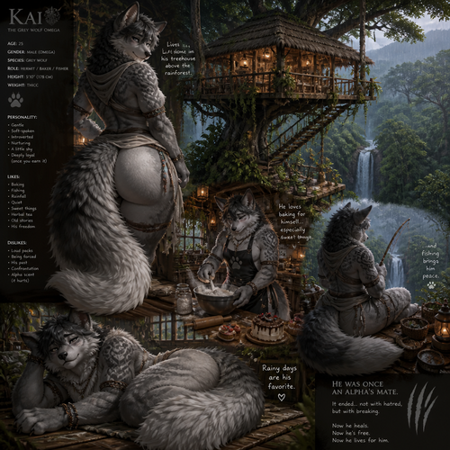 A well-made femboy grown male character, a tribal grey wolf omega that has thick thighs, wide hips, and big fuzzy butt also has fluffy neck included bushy tail who lives on top of a treehouse alone who also likes to go fishing and baking while in a middle of a rain forest from above who also an alpha male’s ex-mate.