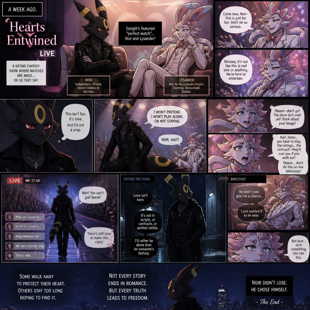 In a well-made anthro Pokemon universe, an non-rich grown brave male half gothic Umbreon named Noir refuses to accept the sham date with a grown richest male Sylveon (the spoiled careless Barron named Lysander) on a live dating fantasy show (in modern life) a week ago and then decided to leave while being begged not to go because love isn’t here. A well-made animated version. A sad but a good truthful ending. A comic.