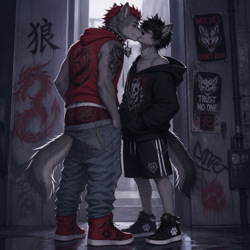 A young male grey dire wolf wearing saggy jeans with maroon colored boxers poking up above the waistband, a red dragon themed sleeveless hoodie, a pair of red high top shoes, and a spiked collar snug around his neck with a wolf skull emblem hanging off it, with a short red mohawk hairstyle. He is kissing a male friend dressed in loose shorts, an oversized hoodie with one side falling off the shoulder and black sneakers. Anime art style, full body.