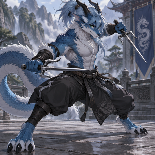 Male, azure dragon with fur and scales, black horns, hair in a messy ponytail, Toned, emerald  eyes, digitigrade footpaws,, anime style, fighting stance with a pair of sai
