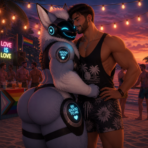 A well-made happy fluffy gay Protogen (male character) with thick thighs and a huge butt also has no tail while being with a gay man holding together in closeness at the party of a beach at dusk. Hand on hips.
