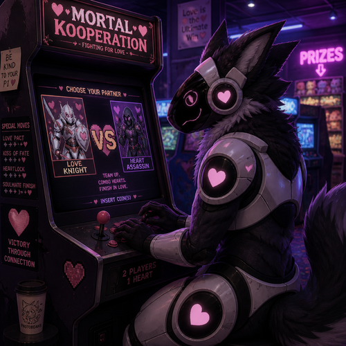 A well-made Protogen male character at an arcade playing a love game called, Mortal Kooperation (the opposite of Mortal Kombat)