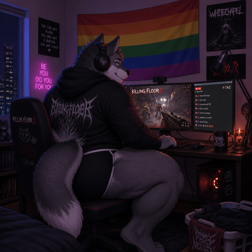 A well-made homosexual gay male Wolf with thick thighs, fluffy, and buttocks. Playing a game on PC “Killing floor 2” and listening to heavy music and earn views. Back/side view. Lives in an apartment. Animated version. Pride flag on a wall.