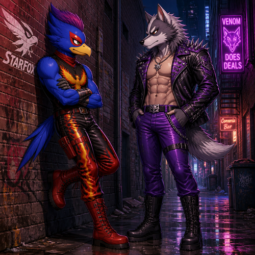 Falco Lombardi wearing fire themed leather pants, Moltres themed sleeveless shirt, red combat boots, and a plumage mohawk hairstyle. He is leaning against a wall in an alley talking to Wolf O’Donnell wearing purple leather pants, no shirt showing off a 16 pack of abs, black boots, and a purple spiked leather jacket. Anime art style, full body.