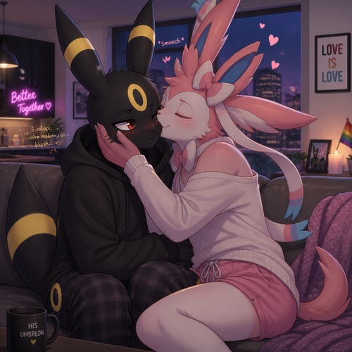 In an anthropomorphic universe, both young male adults couples living together in a modern apartment. Gay marriage. Animated verse. A shy Umbreon getting more loved and smooched by a gorgeous Sylveon that wears something comfortable.