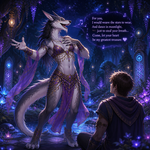 A well-made dancing homosexual adult gay Sergal doing a belly dancer in a front view and sang a song to impress a young man at the enchanted forest or is. A well-made animated verse.
