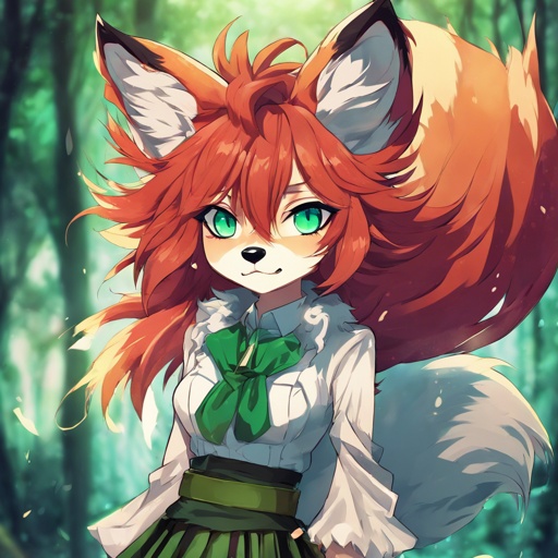 anthromorphic furry is a red-haired fox. The fur and hairstyle are disheveled, sleepy turquoise eyes with a slice of emerald, Height 150-160 cm. He's wearing a skirt