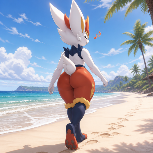 A well-made Pokemon character, Cinderace. Has thick thighs and round buttocks. Walking around on a beach. Having a nice day and a nice breeze. Wireless earbuds and listening to music. Eyes closed and humming. Back view.